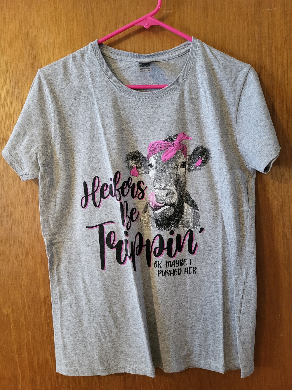 Gildan Gray Graphic Tee with Pink Accents - Cow Design